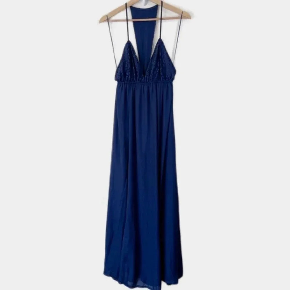 Streetwear Society Maxi Navy Deep Vneck Lace Slit Front Dress
